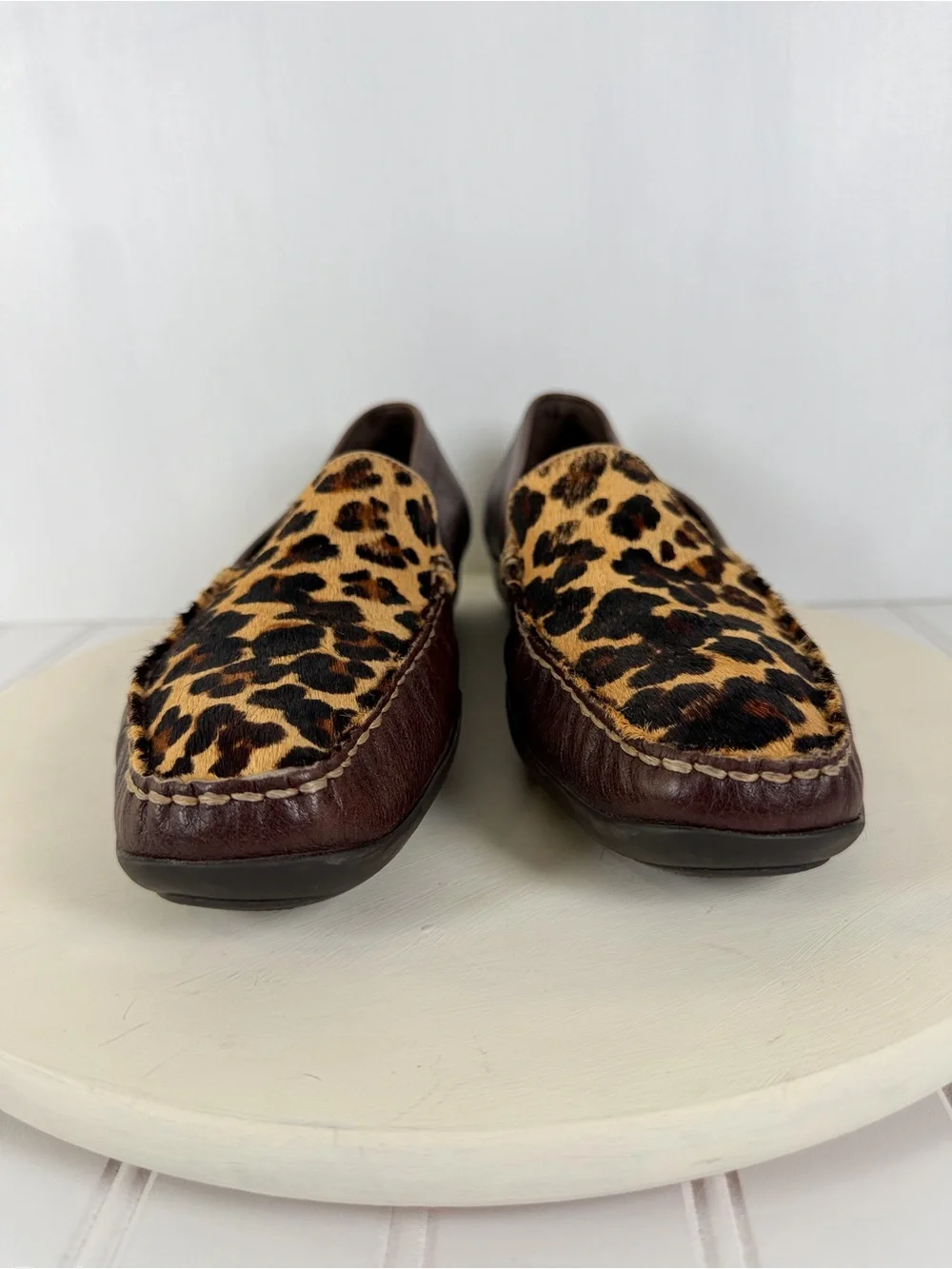 Vintage Studio C Womens Brown Leather Cheetah Calf Hair Slip-on Loafers Sz 41/10